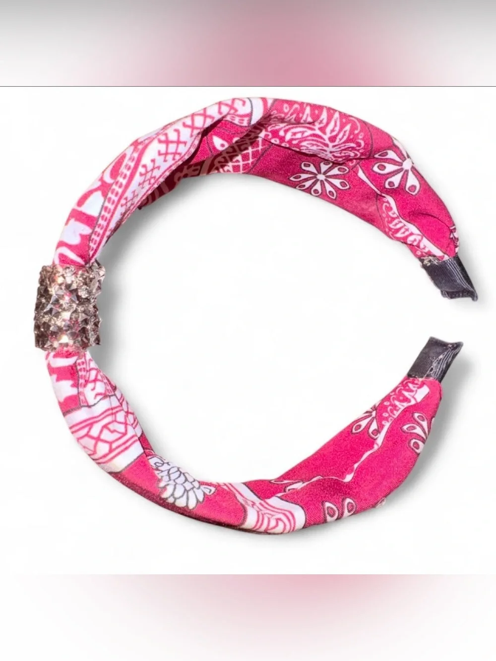 Pink Patterned Bow Headband with Crystal Accent